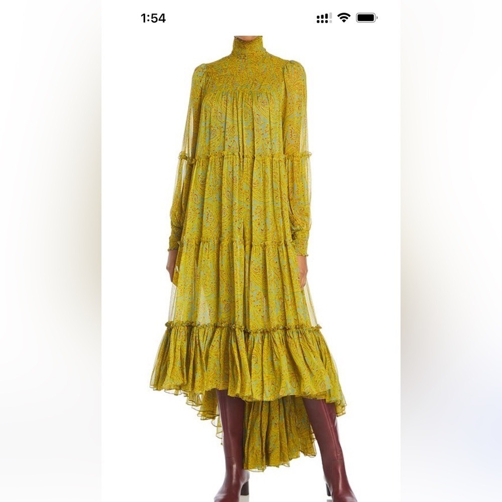 Cinq à Sept Rika printed high/low dress green floral size 4 mock neck tiered
